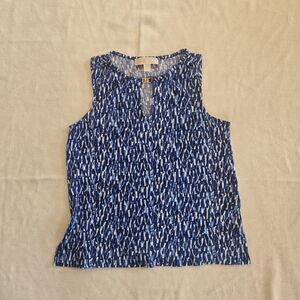Michael Kors Blue White Abstract Print Gold MK Logo Tank Top Sz S Chic Coastal